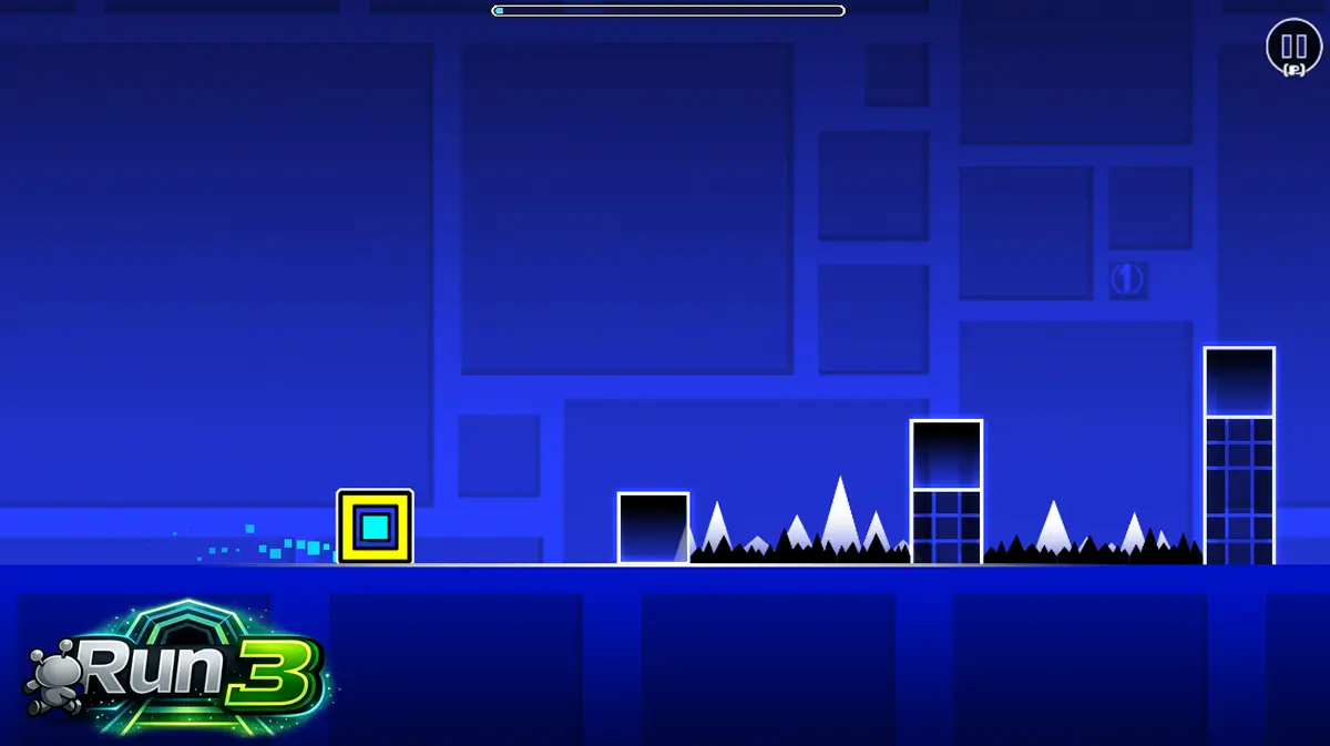 Geometry Dash gameplay screenshot showing neon obstacles and platform action