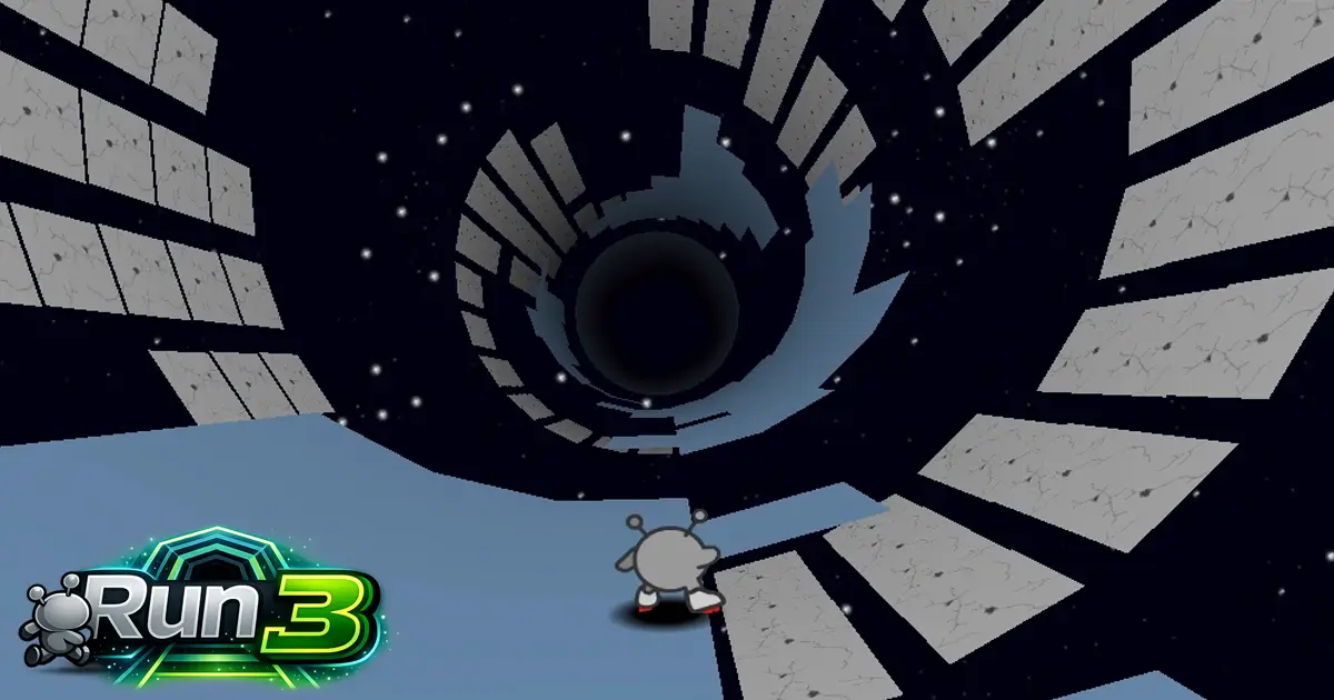 Run 3 gameplay in a blue space tunnel